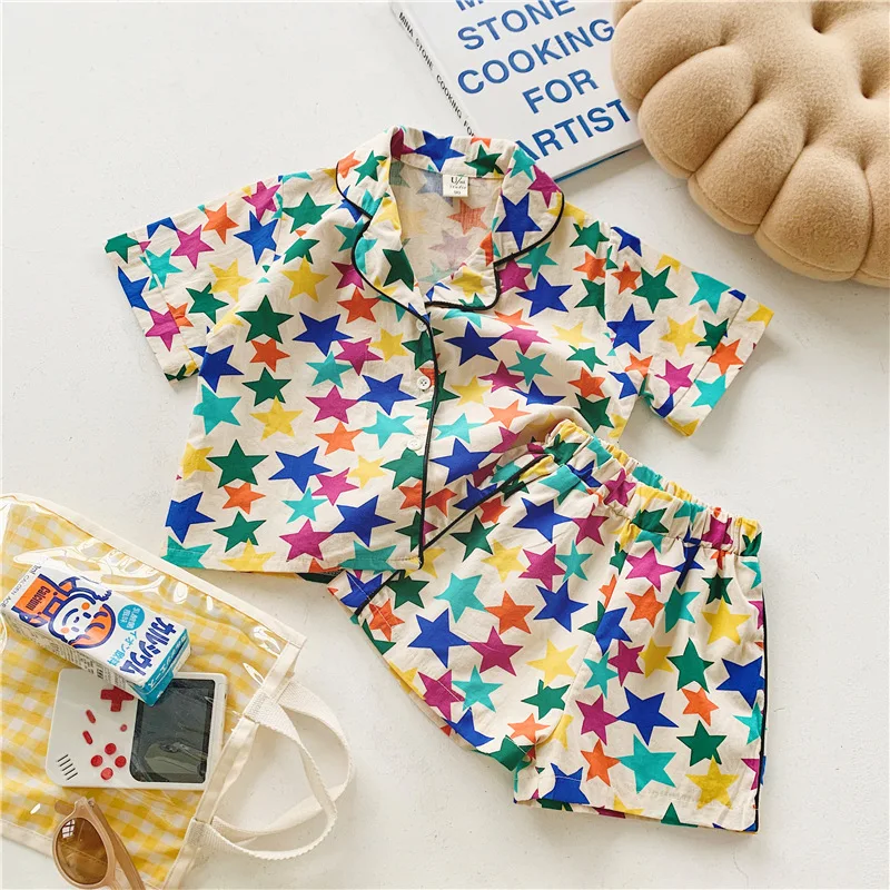 Bērniem Homewear Apģērbu Komplekts Krāsa Star Print Īsām Piedurknēm Top Ar Šorti Divdaļīga Vasaras 3-8 Gadiem Baby Girls Ikdienas Apģērbi