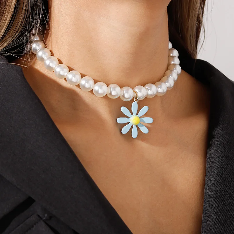 DIEZI Elegants Modes Salds Imitācija Pērle sānslīdi kaklasaite Kaklarota Sievietēm, Kāzu Meitenes Debesis Zilas Ziedu Kulons Kaklarotas Ir 2021. Rotaslietas