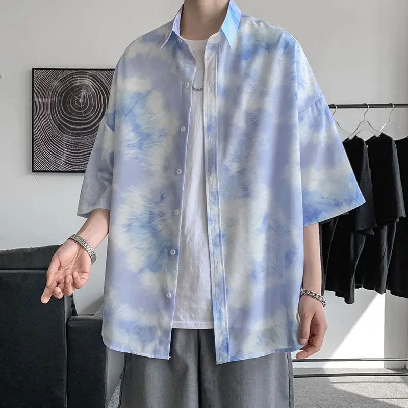 Vasaras kaklasaišu krāsošanas Slīpums Krekls Vīriešu korejas Modes Zaudēt Ikdienas Krekls Vīriešu Harajuku Streetwear Hip-hop Īss piedurknēm Krekls Vīriešiem