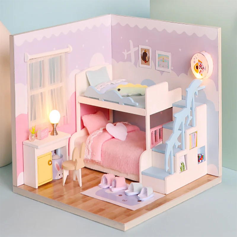 DIY Miniatūras Koka Namiņš Mēbeles Komplekts Ar Gaismas Meitene ir Bēniņi Villa Leļļu Nams Casa Saliktas Rotaļlietas Pieaugušajiem Dāvanas