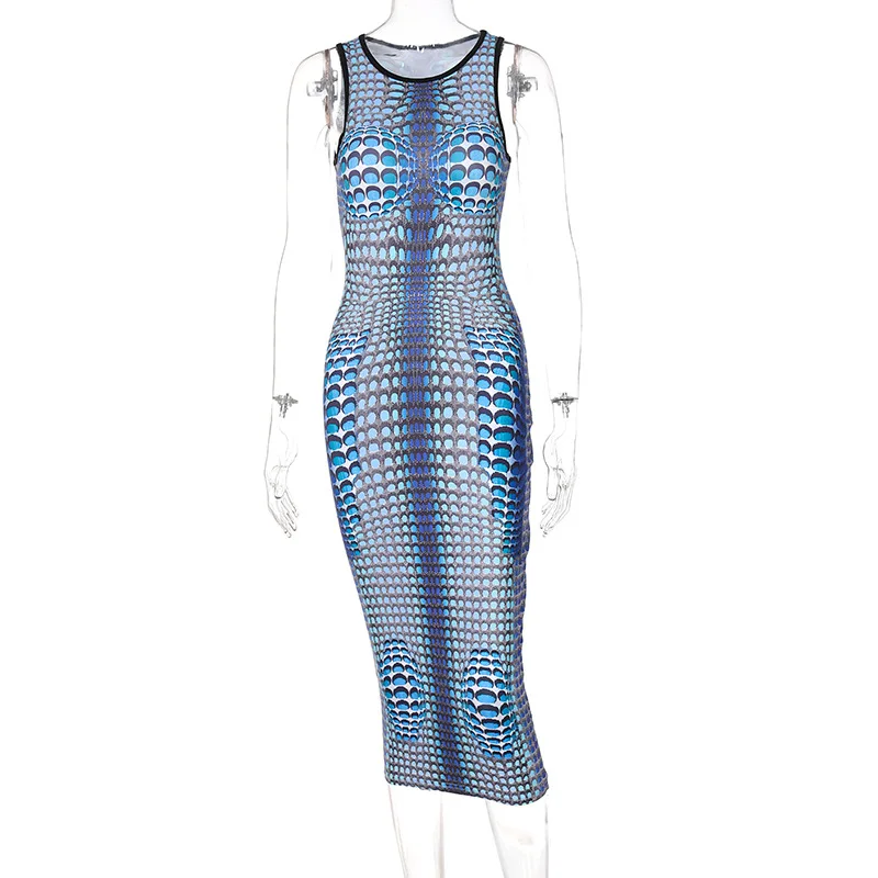 ANJAMANOR Sexy Zilās 3D Ģeometriskā Iespiesti Bodycon Dress Birthday Photoshoot Puse Clubwear bez Piedurknēm, Garās Kleitas D95-BC19