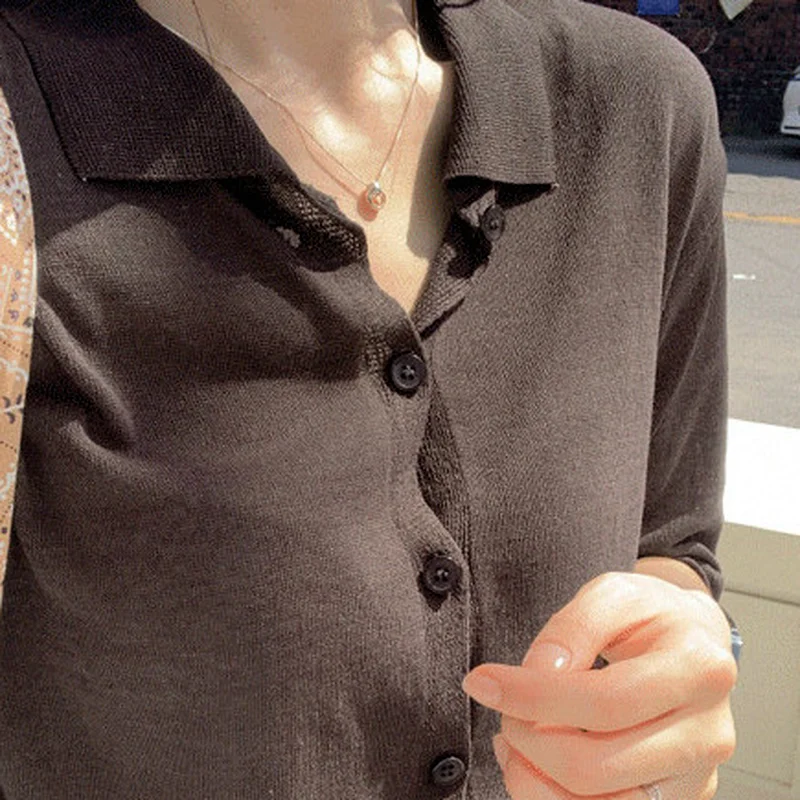 T-krekli, Sieviešu Kārtas-Apkakle Adīšanas Ērti Dāmas Apģērbs Vasaras tīrtoņa Krāsu korejas Preppy Stils Jauki Pogām Retro
