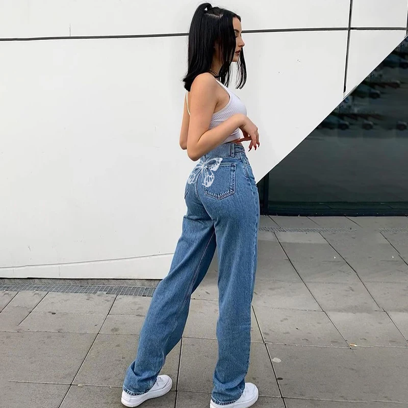 Hip Tauriņš Drukāt Harajuku Modes Džinsi Sievietēm Streetwear Gadījuma Baggy Taisni Augsta Vidukļa Mamma Džinsa Lielajam 90s Vintage Elsas