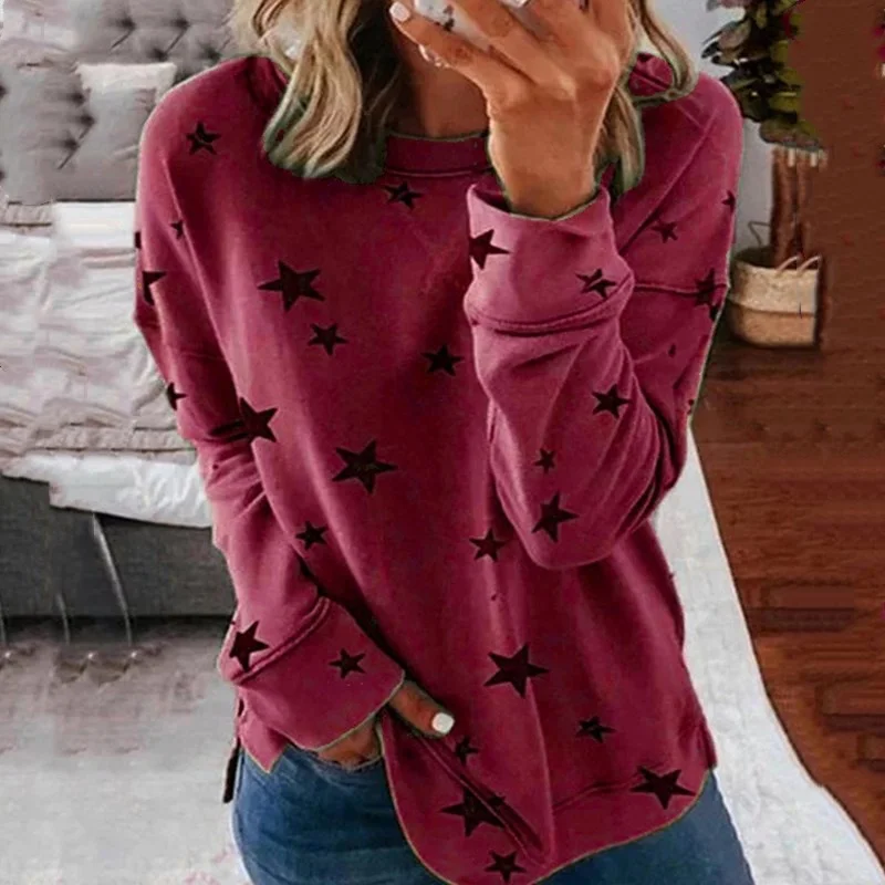 Jaunā Sieviešu Modes Rudenī Apaļu Kakla Star Print Krekls Gadījuma Garām Piedurknēm Tunika T-Krekli Blūze