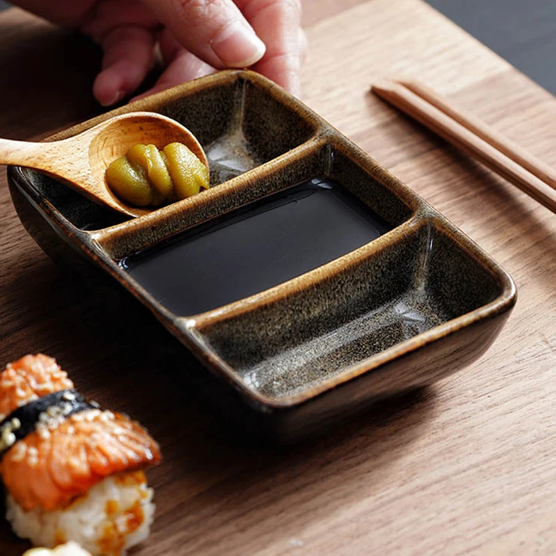 Radošās keramikas Japāņu stilā trīs režģis mērci trauciņā, restorāns, suši bārs, barbecue restorāns garšvielu trauku taisnstūra househ