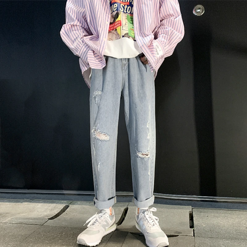 Vīrieši Blue Potītes Garuma Džinsi Cietā Caurumi korejiešu Stilā Vintage Retro Šiks Hip-hop Modes Vīriešu Bikses Streetwear Pavasara BF Brīvs
