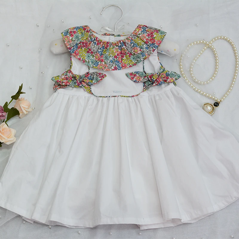 Baby Girl Vasaras Vintage spāņu Ziedu Puķu Princese Kleita Bērni Baltu Kokvilnas Apģērbu Eid Lieldienu Dzimšanas dienas svinības Gadījuma