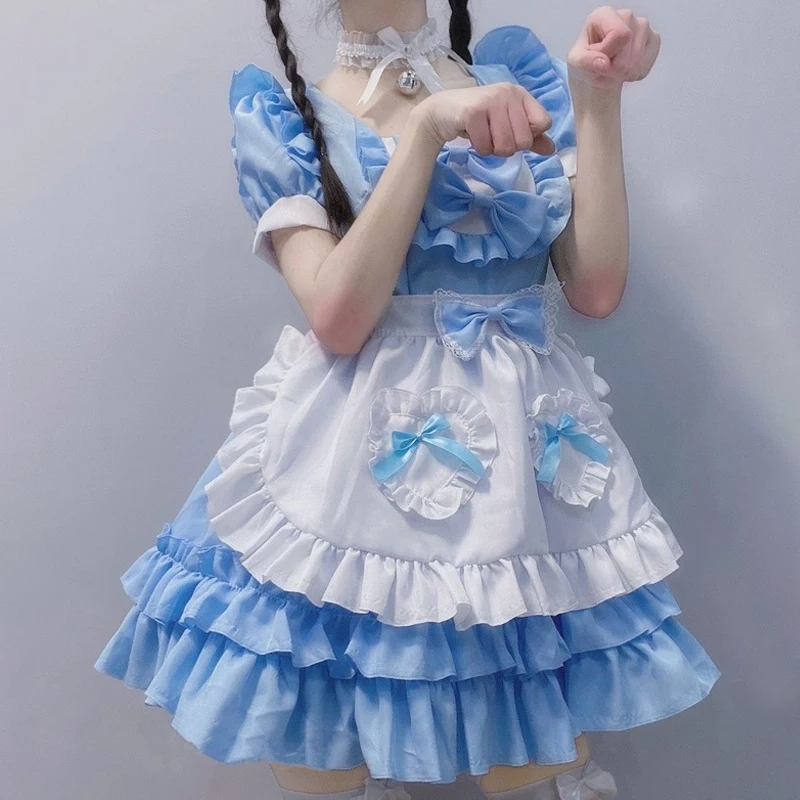 NONSAR Sieviešu Meitene Apģērbs Lolita Kleita Zils Un Balts Priekšauts Kleitas Japāņu Cute Puse Salds Sexy Kleita Cosplay Kostīmi