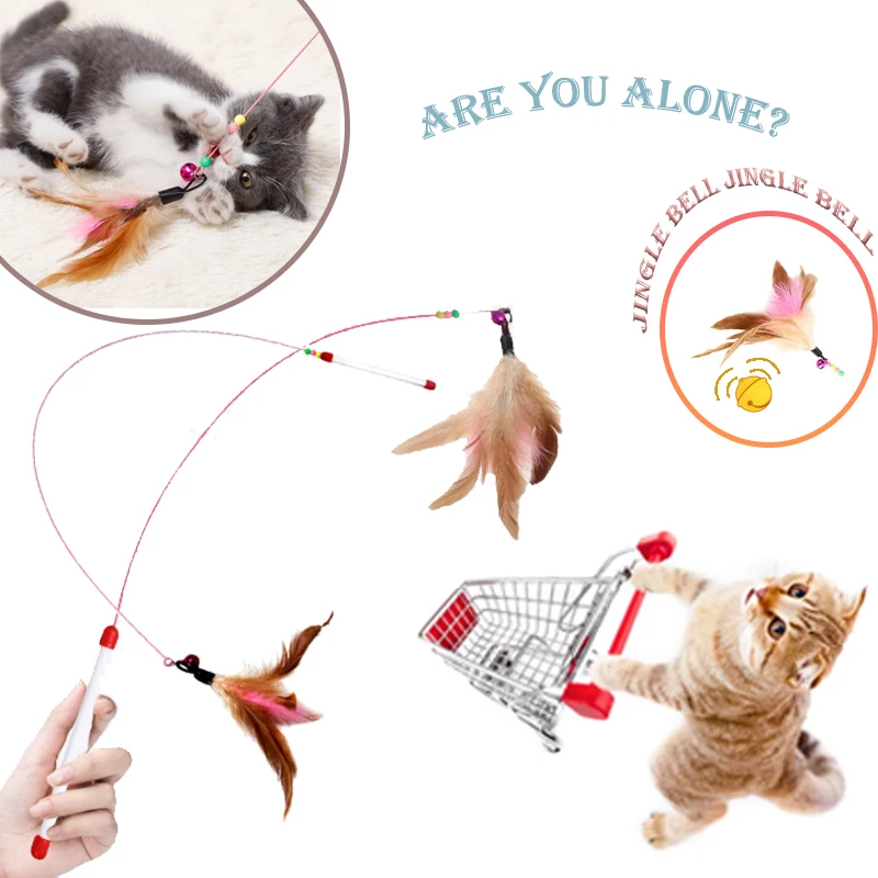 MZHQ 1PC Krāsains Tērauda Stieples Spalvu Kaitināt Funny Kaķis Stick Interaktīvās Kaķēns Rotaļlieta Ar Bell Zvejas Stick Kaķēns Pet Piegādēm