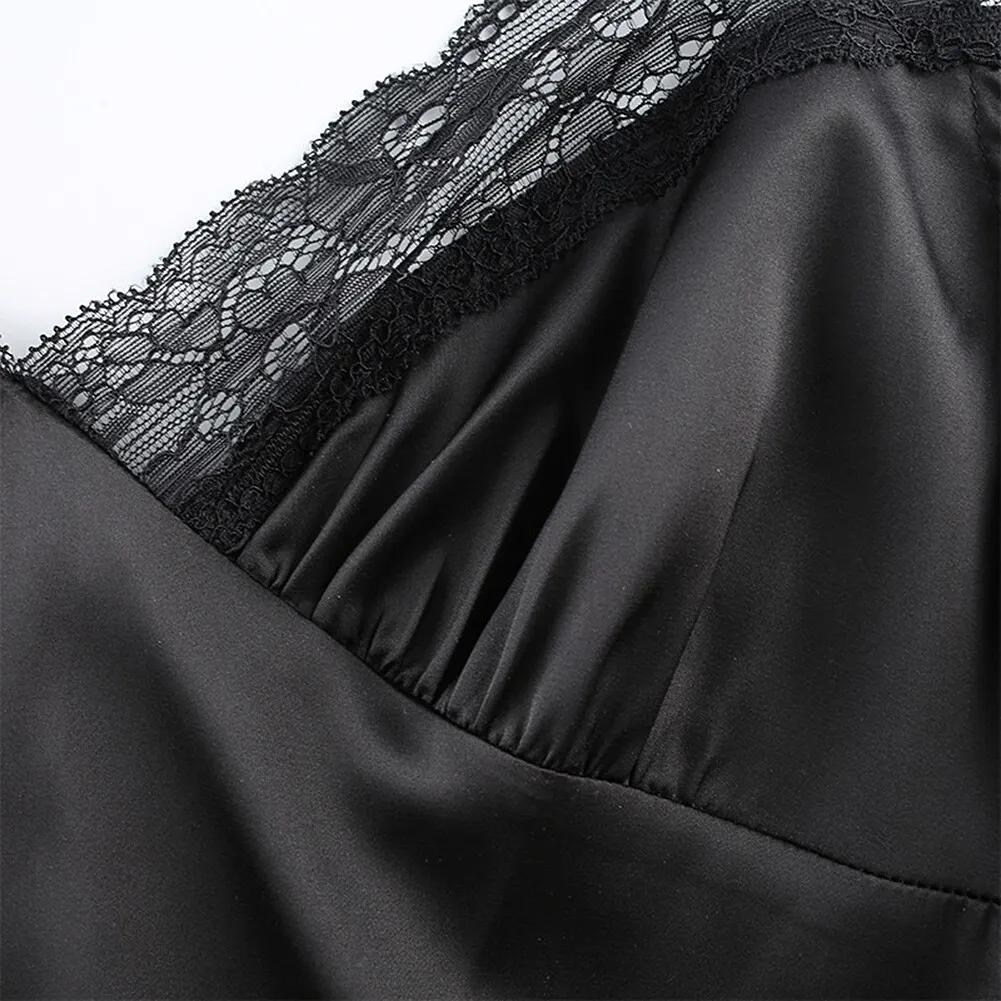 Mall Goth V Kakla Satīna Siksniņa Seksīga Melnā Kleita Sievietēm Mežģīnes Raibs Backless Vasaras Kleita Mini Pusē Sadalīt Dāmas Kleitas Modes