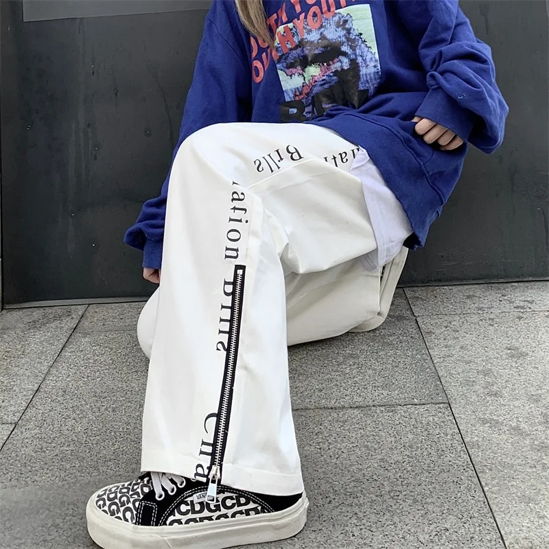 Vasaras Savvaļas Vīriešiem Un Sievietēm ins Gadījuma Bikses korejiešu Versija Drukāti Burti Rāvējslēdzēju, Bikses Vaļīgas Bikses Streetwear