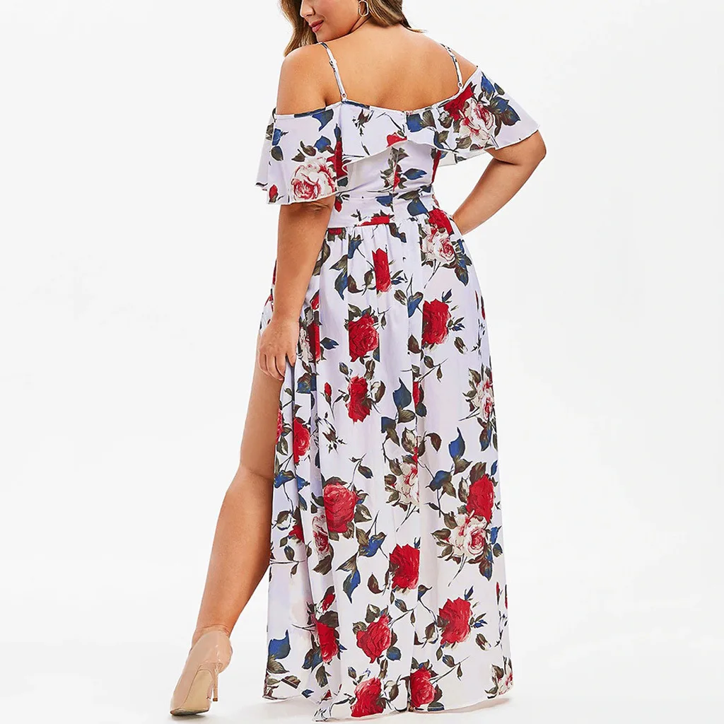 Sieviešu Plus Lieluma Gadījuma Bohēmietis Dress Ziedu Iespiesti Īsām Piedurknēm Off Plecu Augsta Vidukļa Sadalīt Sexy Kleitas TA3053