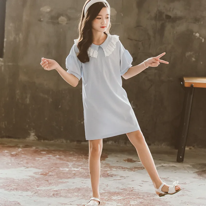 Ir 2021. Vasarā Bērniem Meitene Kleitas Kokvilnas Pusaudžu Apģērbs, Zils Svītrains Bērniem Kleita Meitenēm Puff Piedurknēm Modes Taisna Kleita