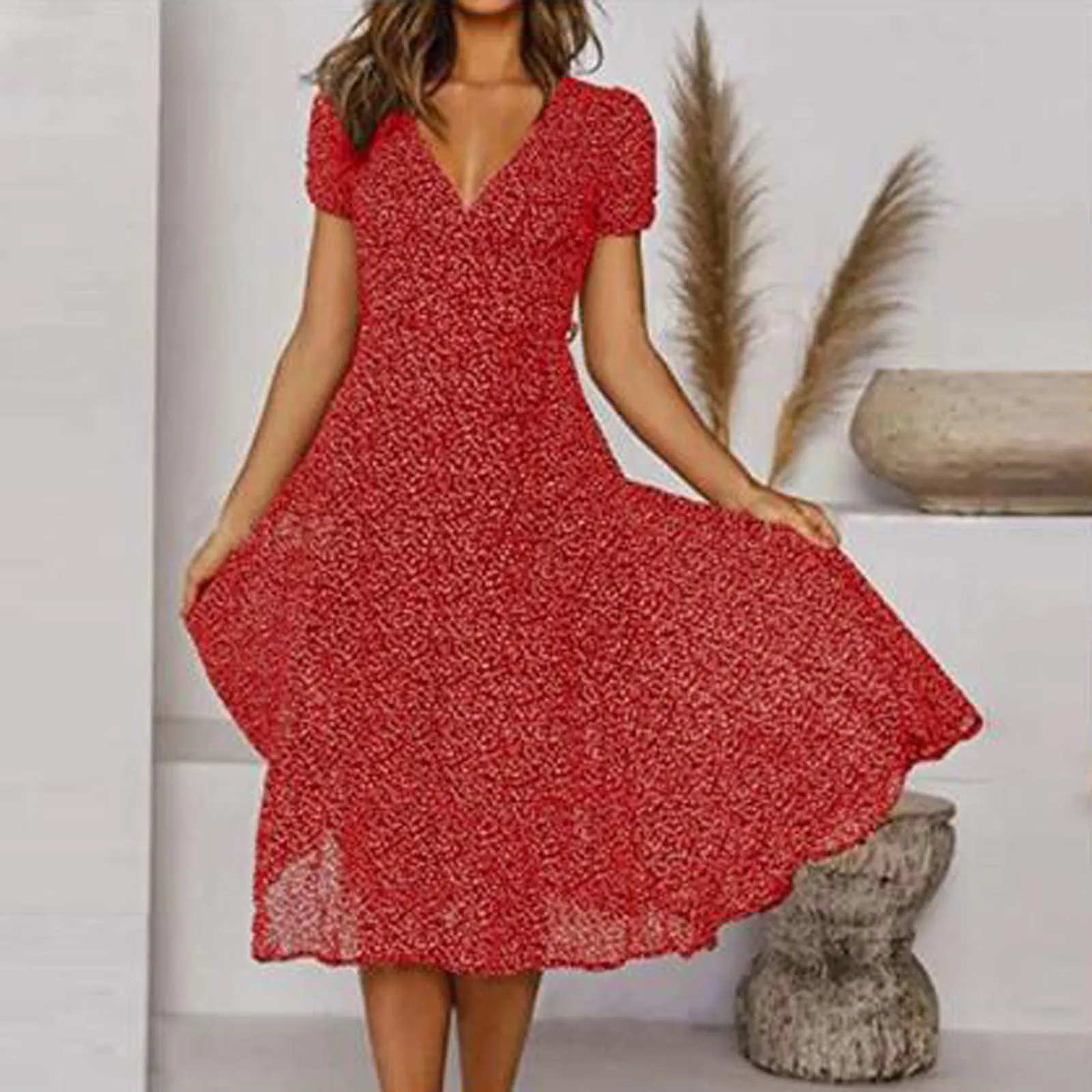 Sarkana Šifona Skaista Kleita Vintage Modes Sievietes, V-veida kakla Polka Dot Ziedu Kleitu uz Leju Īsām Piedurknēm Pludmales Kleitas Augstas Kvalitātes