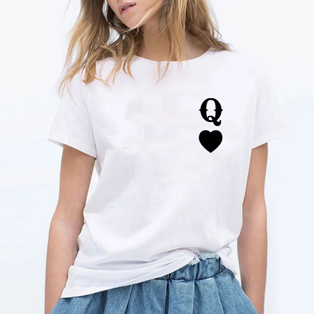 Smieklīgi Q Sirds Karaliene T-krekls Sievietēm Top O-veida kakla Īsām Piedurknēm Tee Kreklu Femme Zaudēt Gadījuma Melns Balts T Sievietēm Dropshipping