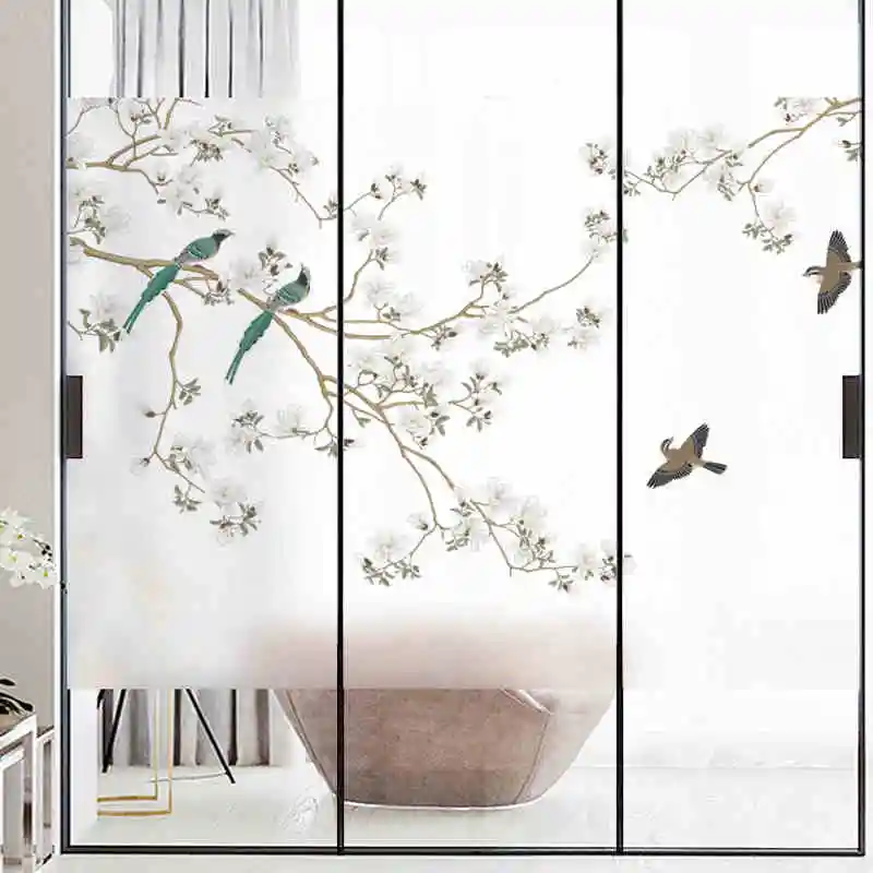 Pielāgota stikla uzlīme logā Ķīniešu stila ziedu un putnu tualetes, vannas istaba bīdāmās durvis ēnojumu, matētā plēves
