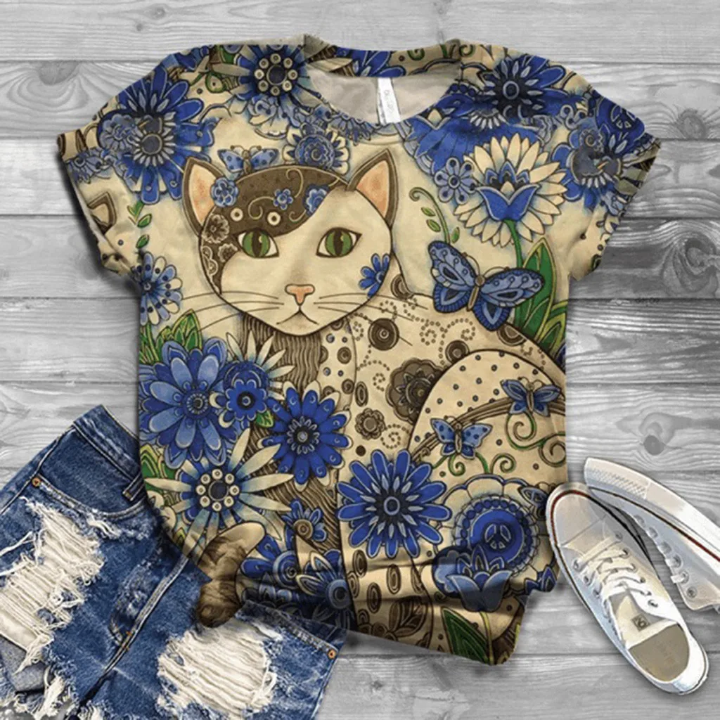 T Krekls Sievietēm Harajuku T Plus Lieluma Īsām Piedurknēm 3D Kaķis Dzīvnieku Iespiesti O-veida Kakla T-Krekls Topi, Sieviešu 2020. gadam camisetas mujer