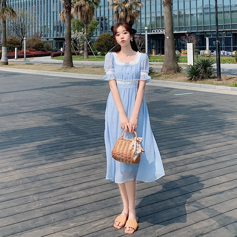Ir 2021. Jauno Franču Palace Vintage Temperaments Elegantu Augstu Vidukļa Modes Vienkāršu Midi Vienā Gabalā Kleita Sievietēm Korejas Vasaras Apģērbu