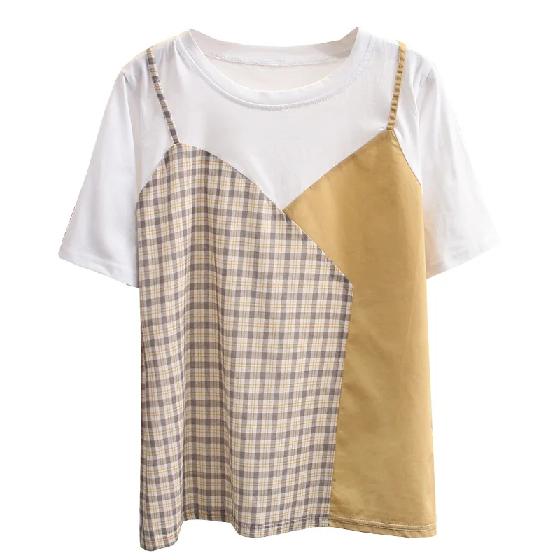 Sieviešu T Krekls Plus Lieluma Tees Ir 2021. Vasaras Modes Apģērbu Ar Īsām Piedurknēm Topi Salaist Nepatiesu Divi Gabali Pleds Camiseta Mujer