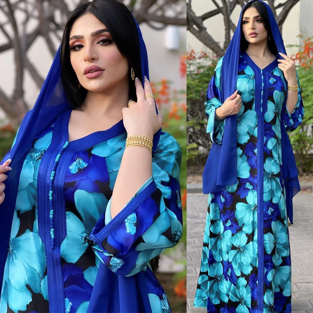 Siskakia Zilu Ziedu Jalabiya Dubaija Abaya Kleita Sievietēm Eid Ir 2021. Marokas Caftan Turcija Arābu Musulmaņu Islama Apģērbu Jaunas