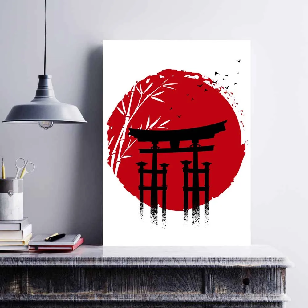 Japāna Japāņu Stila Māksla, Samuraju Torii Leģendārais Buda Fujiyama Bambusa Plakāts