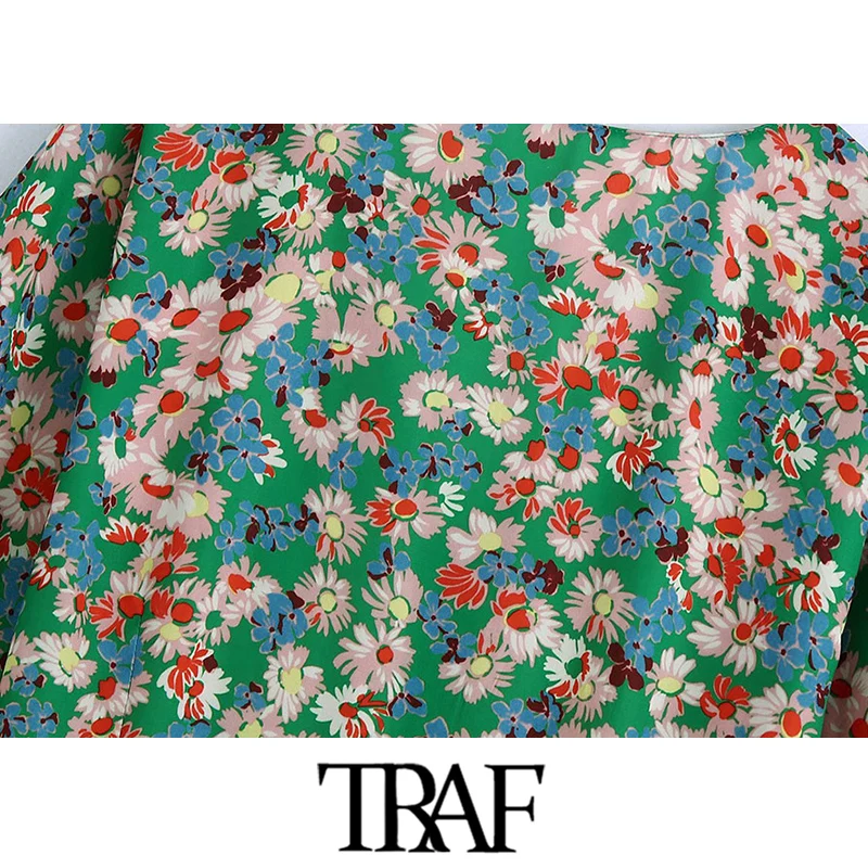 TRAF Sieviešu Šiks Modes Ziedu Drukāt ir Spraugas, Hem Midi Kleita Vintage garām Piedurknēm Backless Rāvējslēdzēju Sieviešu Kleitas Mujer