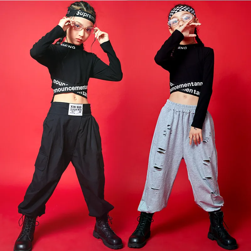Meitenes Kultūraugu Top Hip Hop Apģērbu Komplekti sporta Krekls Bērniem Ripped Jogger Baggy Bikses Ielu Deju, Bērnu, skatuves Kostīmi, Pusaudžu Streetwear