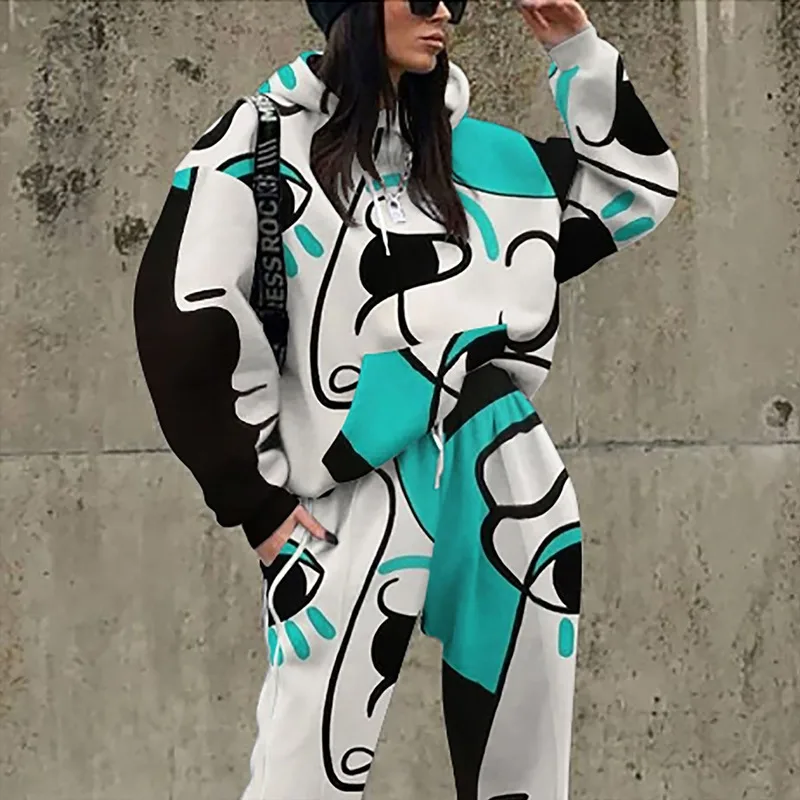 Hip Hop Jautri Acu Drukāt Kapuci Plānas Sporta Krekls Divas Gabals, Kas Sievietēm Hoodies Kabatas Vaļīgas Bikses, Modes Streetwear 2020. Gadam Samazināsies Drēbes