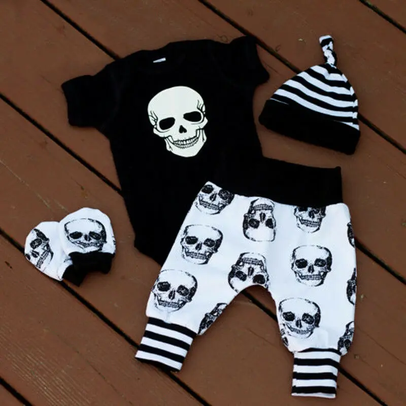 Baby Boy Vasaras Apģērbs Apģērbu Galvaskausa Drukāt Smieklīgi īsām piedurknēm Romper Bodysuit +Bikses Jaunas 4gab Komplekts Augstas Kvalitātes Apģērbu Komplekts