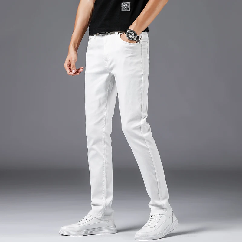 Vīriešu Klasiskā Stila Slim Fit Džinsi Baltā Uzņēmējdarbības Smart Modes Džinsa Bikses Papildu Stiept Kokvilnas Bikses Vīriešu Jeansy 28-38