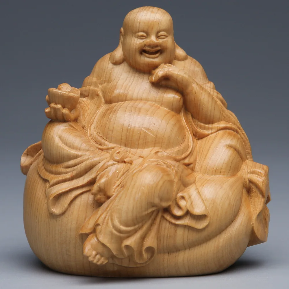 Thuja Ciprese, Sēžot Uz Yuanbao Maitreja Budas Statuja Rotājumi Smejas Cieta Koka Griešanai Mājas Koka Griešanai Sarkankoks Amatniecības