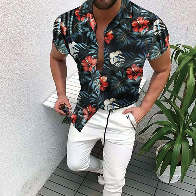 Vīriešu Modes Drukāt krekls savukārt apkakle ar Īsām Piedurknēm Elpojošs Havaju ziedu Ikdienas Krekli Vīriešu Vasaras apģērbu