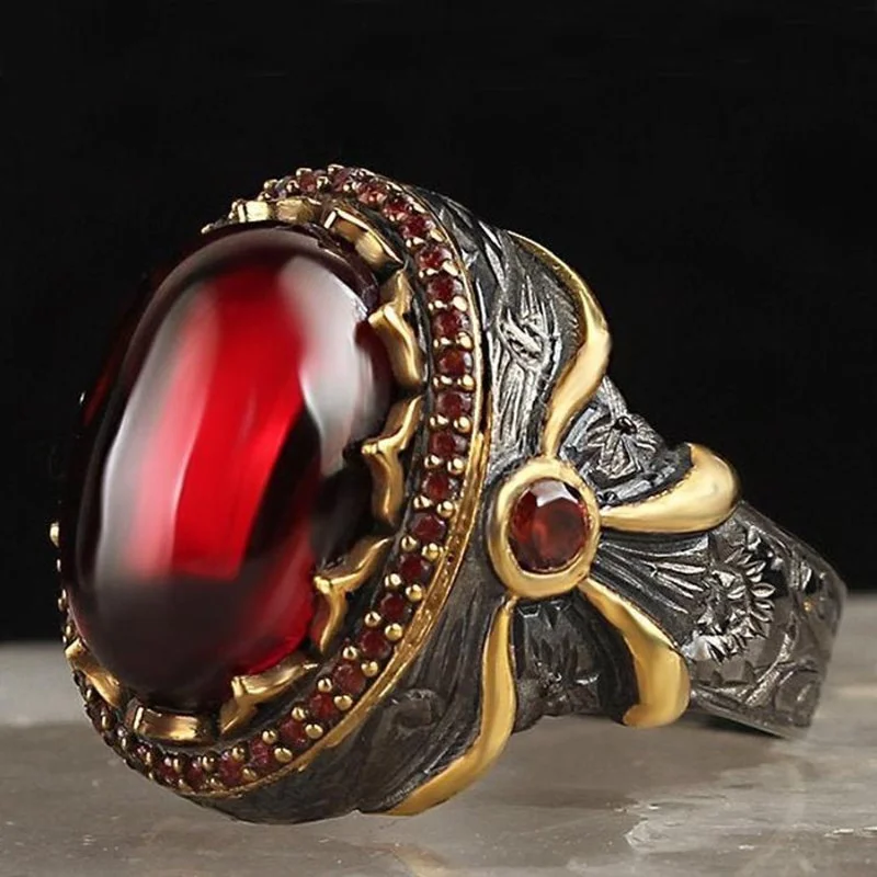 Retro divu toņu totem gredzenu Liela Ovāla Sarkana Akmens loku vīriešu un sieviešu gothic puse jubileju gredzenu retro rotaslietas, dāvanas
