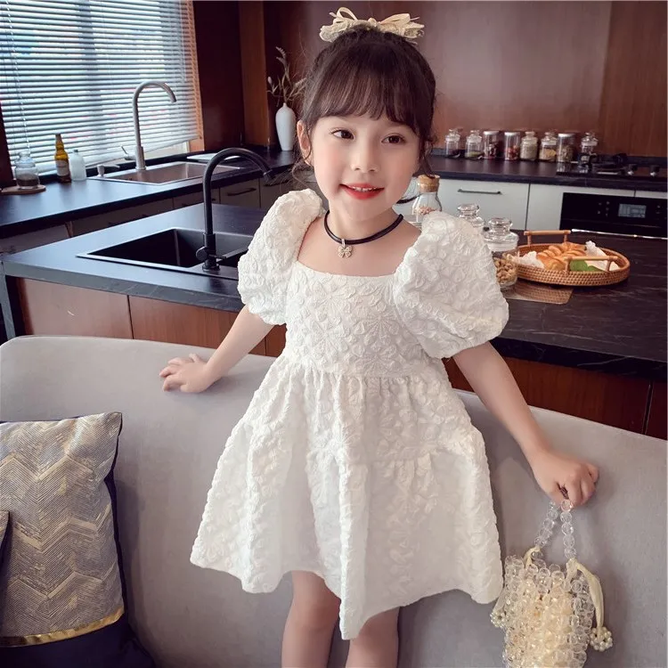 Korejiešu Meitenes Kleitu Modes 2021. Gada Vasaras Puff piedurknēm bērniem, Apģērbs Bērniem, Īsām Piedurknēm Baltā Kleita 2t 3t 4t 5t 7 no 8 līdz 12 Gadiem
