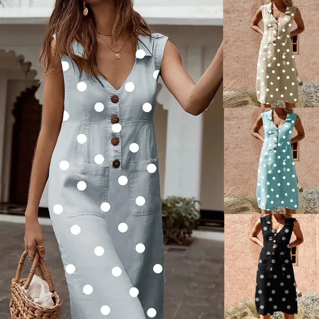 2019. gada Vasaras Sieviešu Kleitas, Elegants Dot Drukas Boho Ģērbties sievišķīgi Turn-down V-veida kakla Kleita Pogas, Kabatas Kleita vestidos
