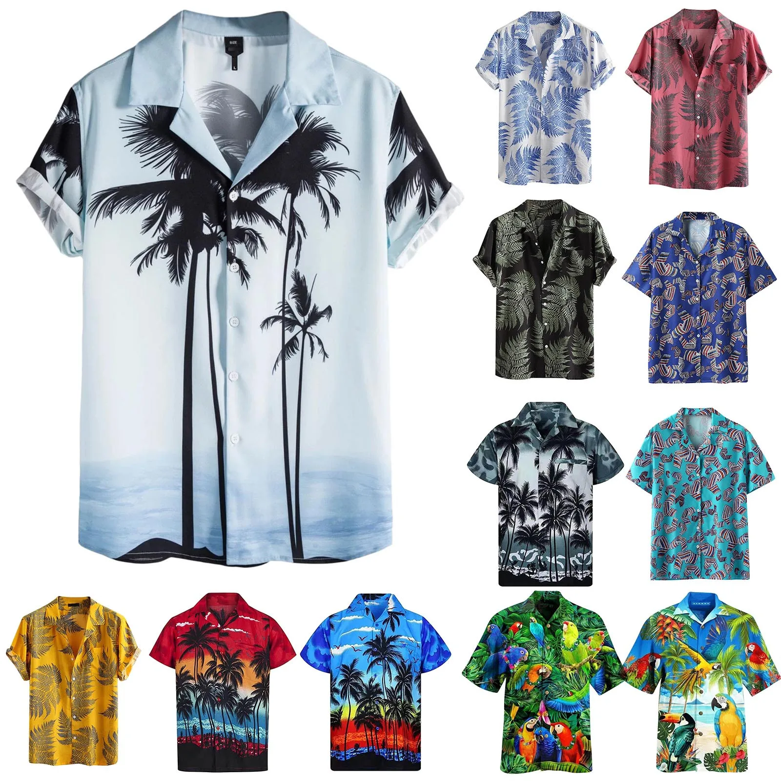 Ziedu Drukāt Vīriešu Havaju salu Pludmales Krekls Savukārt, Apkakles Krekli Ikdienas Īsām Piedurknēm Vasaras brīvdienas Brīvdienas Plus Lieluma Galotnēm 3
