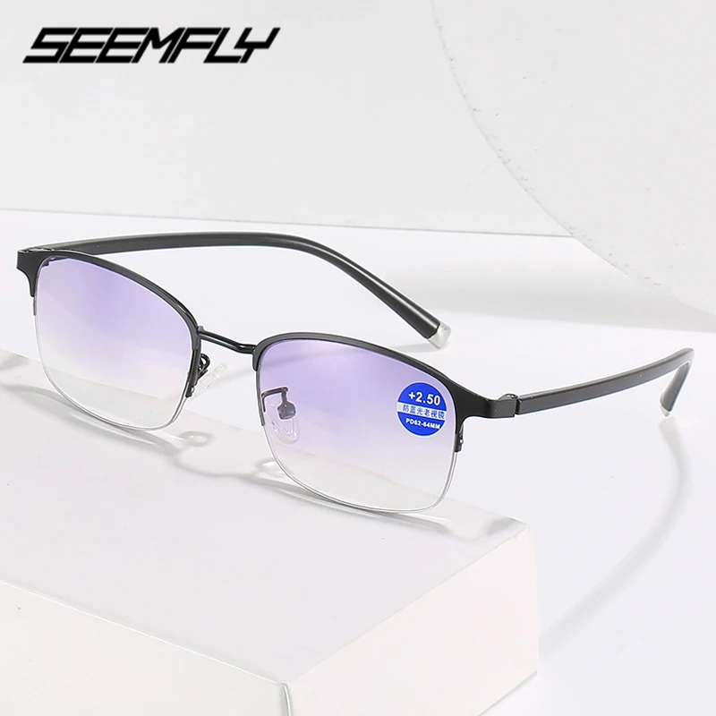 Seemfly Modes Anti Zilā Gaisma Progresējoša Multifokāla Lasīšanas Brilles Unisex Metāla Rāmis Tālu Netālu Presbyopic Hyperopia Brilles