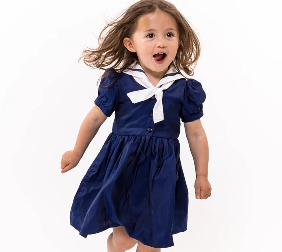 Vasaras Navy Stilā baby Girl Dress Jūrnieks apkakles Kokvilnas puff piedurknēm toddler Cute princese Kleita Bērnu loku-line kleita