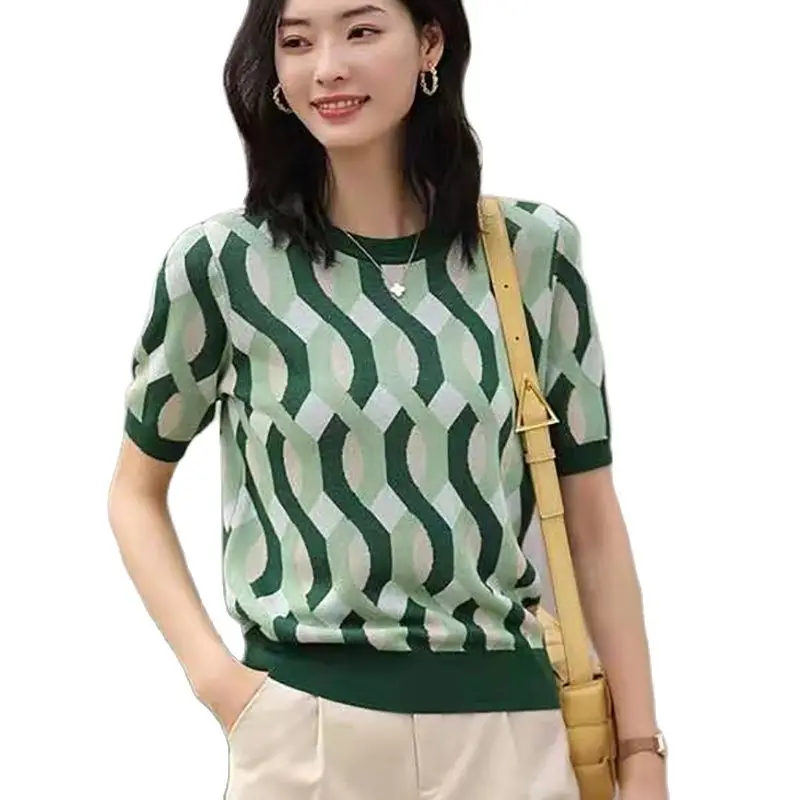 Šiks Svītrainu Trikotāžas T Krekls Sieviešu Vasaras Topi Korejas O-Veida Kakla Īsām Piedurknēm Gadījuma Sieviete Drēbes Tshirts Zaļā Ropa Mujer 2021