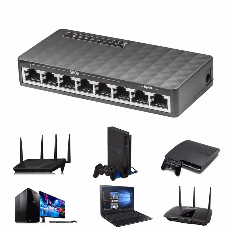 10/100 Mb / s-Mini 8 Port Fast Ethernet LAN Darbvirsmas RJ45 Tīkla Slēdzi, Rumbas Adapteris LED Indikatori Desktop Laptop Maršrutētāju un Modemu