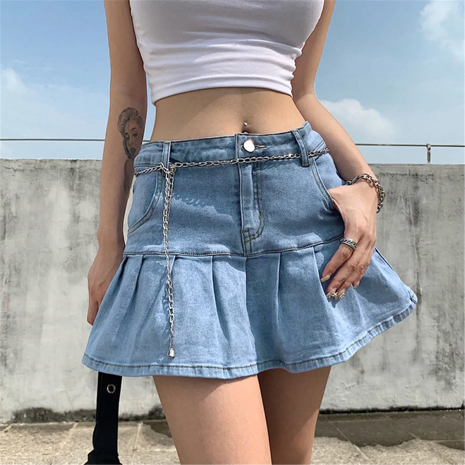 Džinsa īsi svārki vasaras sieviete Multicolor Augsta vidukļa slim universāls džinsa mini svārki dāma kabatas-line kroku džinsu svārki
