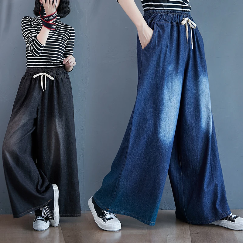 Lielgabarīta Sieviešu Džinsu Bikses Vintage Balināts Zaudēt Plaša Kāju Džinsa Bikses Bikses Sievietēm Baggy Džinsi Plus Lieluma Mežģīnes Up Pantalones