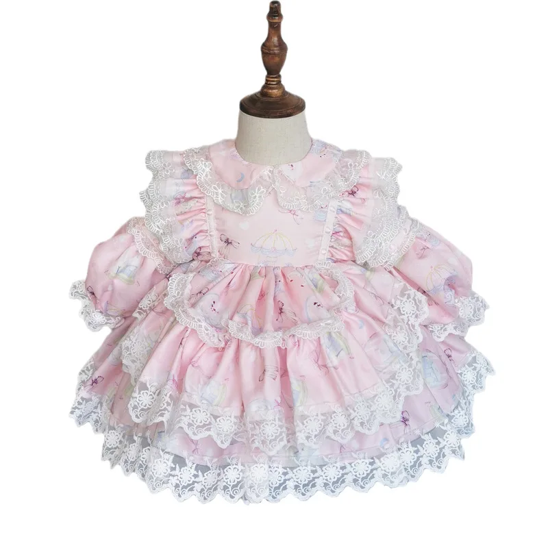 Spāņu Meitenes Rozā Kleita Baby Lolita Princese Bumbu Kleita Zīdaiņu Boutique Drēbes Bērniem 1. Dzimšanas diena Lieldienu Puse Kleitas