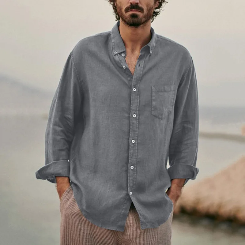 Ir 2021. Jaunu Modes Vīriešu garām Piedurknēm Cieto Krekli Buttoned Savukārt Apkakle Krekls Slim Vintage Vīriešu Jaka Topi Gadījuma Streetwear