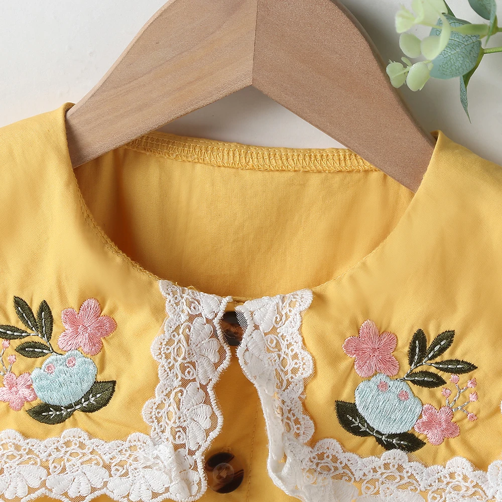 Vasaras Meitene Dzelteni Izšūti Ziedu Kleitu Bērnu apģērbi Modes Gudrs Piedurknēm Baby Girl Vasaras Ikdienas Kleita