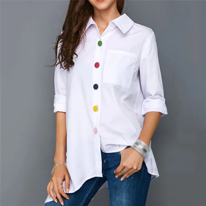 Modes Sieviešu Tunika Blūze Ir 2021. Rudens Plus Lieluma Garām Piedurknēm Balts Krekls Krāsains Pogas, Kabatas Sieviete Top Lielu Izmēru Apģērbi