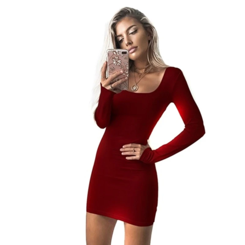 Ar Garām Piedurknēm Sexy Bodycon Kleita Sievietēm Ir 2021. Kluba Rudens Pamata Cietā Kvadrātveida Kakla Vīna Sarkani Melnā Sieviete Mini Kleita Ziemas