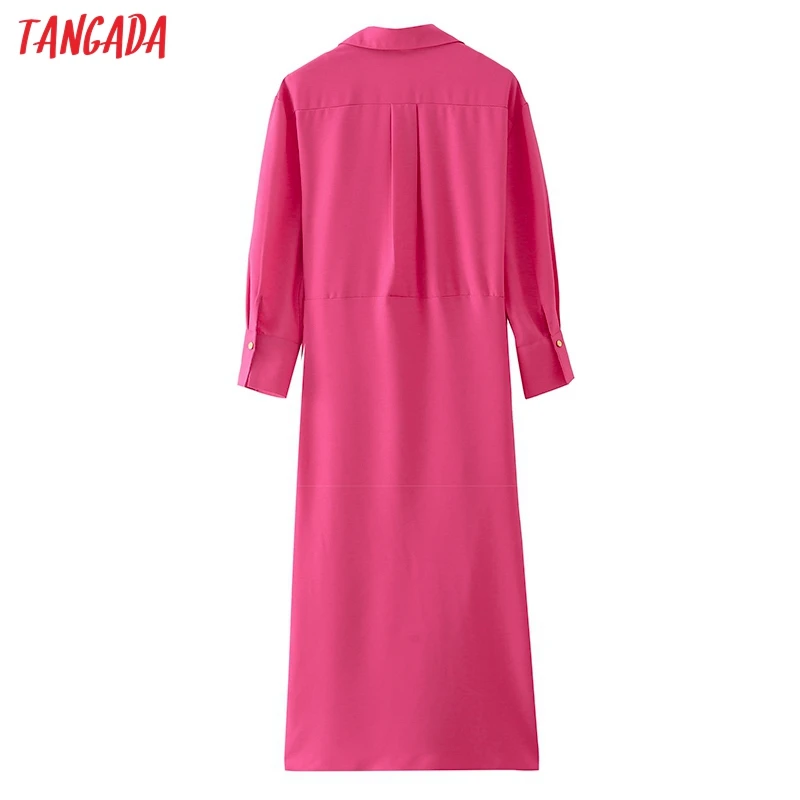 Tangada ir 2021. Modes Sieviešu Elegants Rozā Krekls Kleita ar Loku Vintage garām Piedurknēm Biroja Dāmas Midi Kleitu 5X65