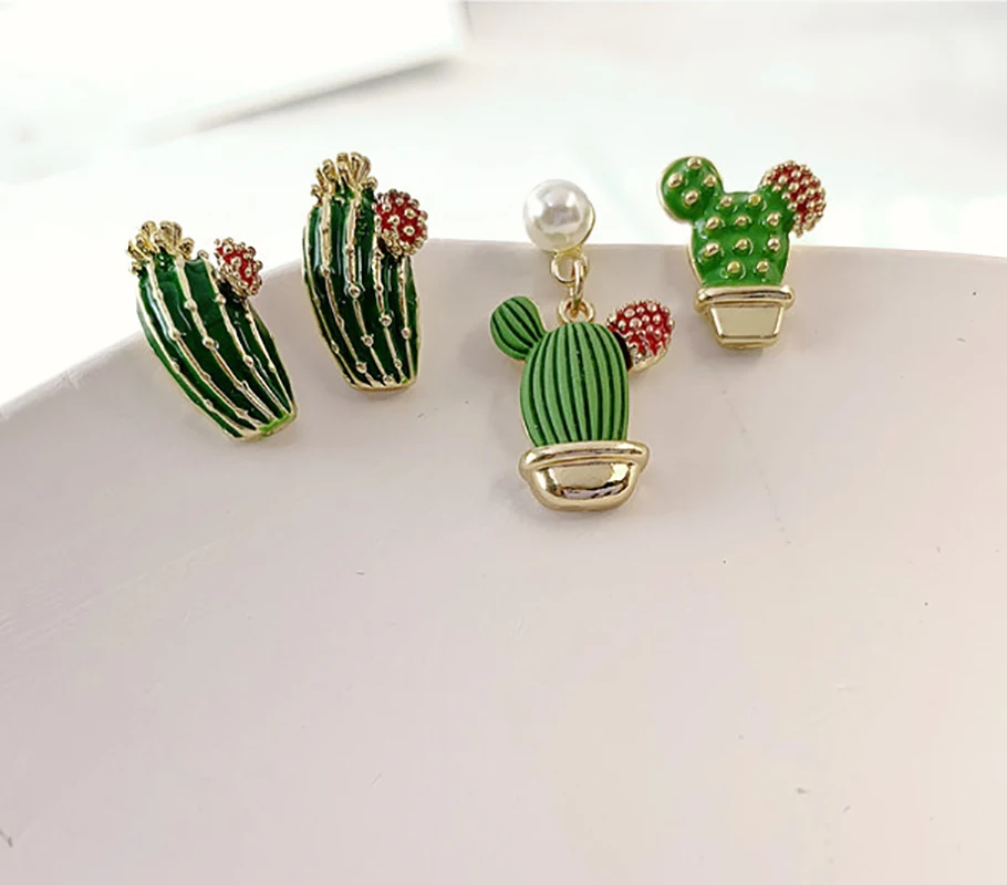 S925 adatu formas kaktuss zaļo augu auskari modes dizaina sajūta, asimetriskas sieviete, meitene auskari pērļu sakausējuma auskari, rotaslietas