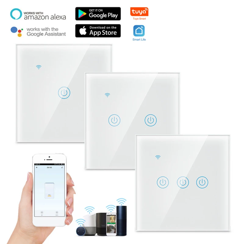 ES UK Universial Tuya/Smart Dzīves Smart WiFi Sienas Touch Gaismas Slēdzi Stikla Paneli Darbu Ar Alexa Amazon, Google Home Smart Home